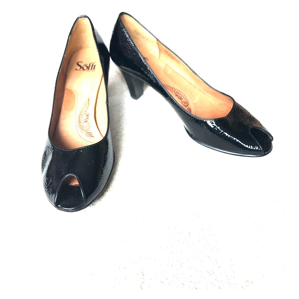 Sofft Black Patent Leather Peep Toe Heels